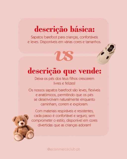 A descrição de um produto na tua loja online tem o poder de determinar se o visitante avança para o carrinho ou se abandona o site. 
No e-commerce, a descrição do produto substitui o papel do vendedor na loja física.

❌ Por isso, não te limites a informar como é o produto (tamanho, material e cores). 
Isto é uma abordagem puramente técnica que delega no cliente o esforço de perceber a utilidade real do artigo.

✅ Começa sempre por conectar as características aos benefícios do dia a dia. Explica o problema que resolve e a experiência incrível que pode proporcionar.

Quando ajustas a comunicação para focar na utilidade prática e na proposta de valor, a percepção de preço muda e a decisão de compra torna-se mais natural.

📌 Guarda esta publicação para utilizares como referência e checklist na próxima revisão ou criação de fichas de produto na tua loja online.

Ecommerce Club
🛒 Tornamos o e-commerce simples, leve e lucrativo para empreendedores e gestores que querem fazer acontecer
Your online success story starts here